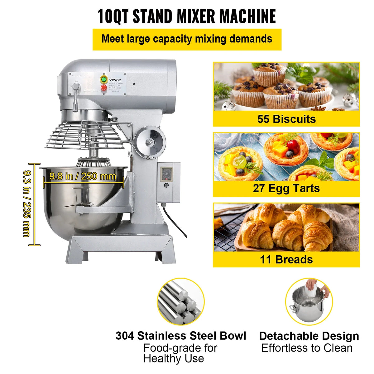 Commercial Food Mixer 10Qt 450W 3 Speeds Adjustable 110/178/390 RPM Heavy Duty 110V Stainless Steel Whisk Beater Premium