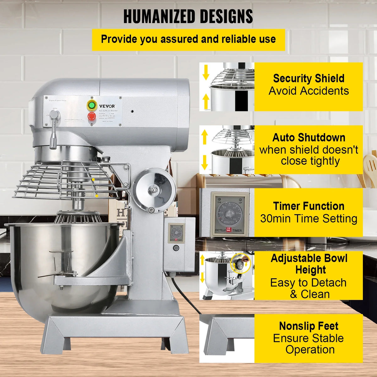 Commercial Food Mixer 10Qt 450W 3 Speeds Adjustable 110/178/390 RPM Heavy Duty 110V Stainless Steel Whisk Beater Premium