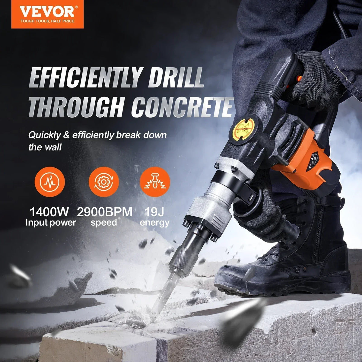 1400W Demolition Jack Hammer Electric Jackhammer Heavy Duty 2900 BPM Concrete Breaker 2pcs Chisels Bits Chipping