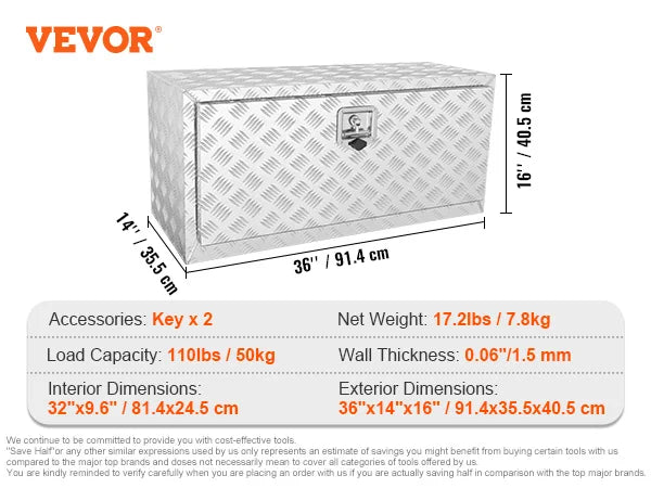 Pickup Storage Box, Heavy Duty Aluminum Diamond Plate Tool Box with Lock and Keys,  for Truck, Van, Trailer