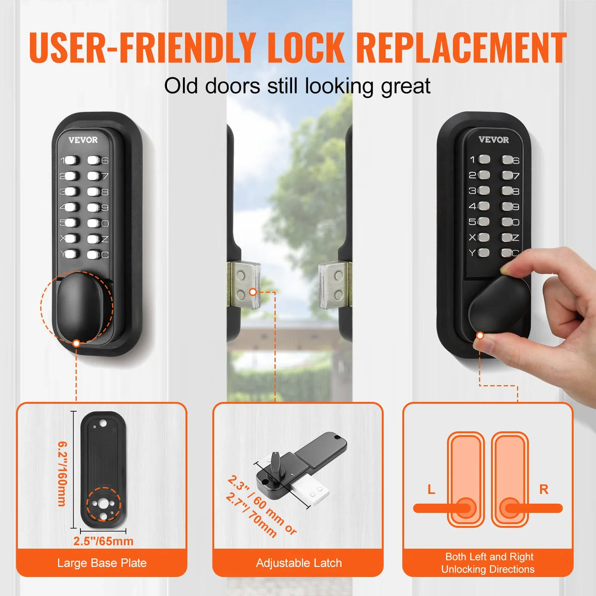 Mechanical Keyless Entry Door Lock 14 Digit Keypad Surface-mounted Latch