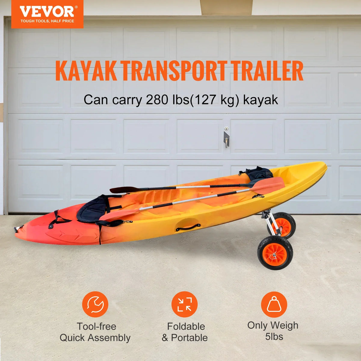 Heavy Duty Kayak Cart, Detachable Canoe Trolley Cart with 10'' Solid Tires, Adjustable Width & Top Foam Protection