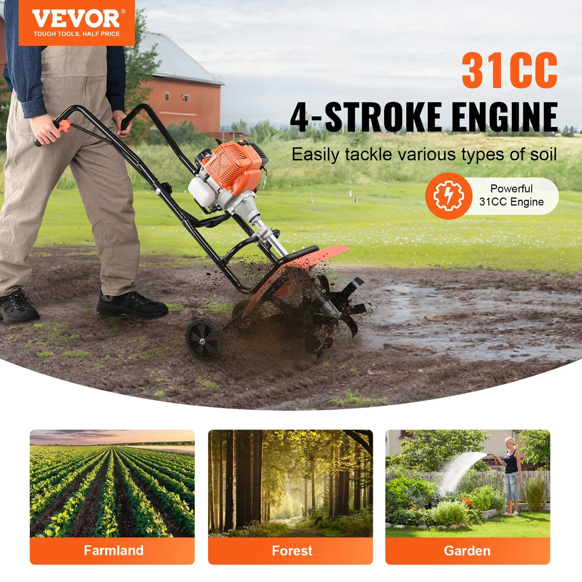 Tiller Cultivator 31/43/212CC Garden Cultivator Tiller with 4 Steel Adjustable Front Tines for Lawn Garden and Field