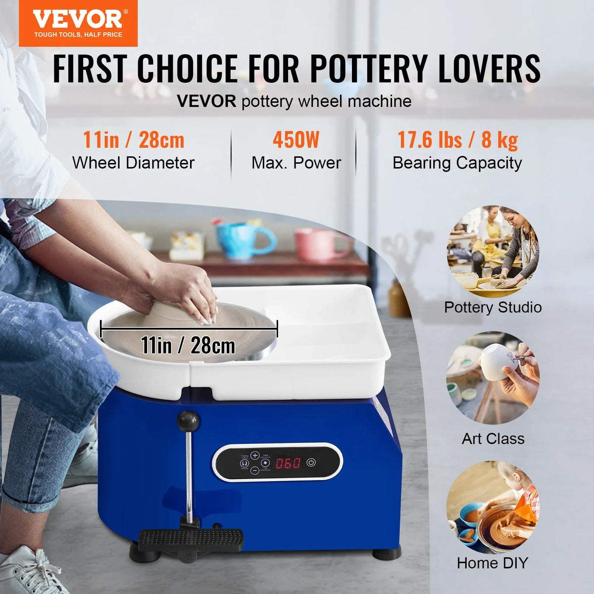 11in Pottery Wheel Ceramic Forming Machine Adjustable 60-300RPM Speed Handle and Foot Pedal Control ABS Detachable Basin