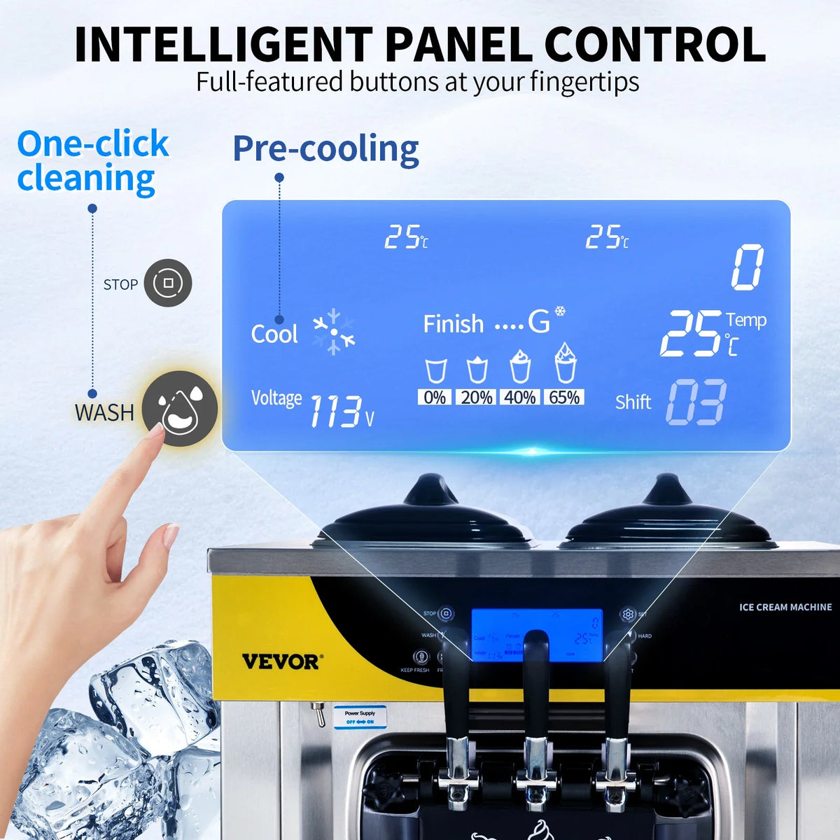 Commercial Ice Cream Maker, 22-30L/H Yield, 2200W Countertop Soft Serve Machine w/ 2x6L Hopper 2L Cylinder LCD Panel