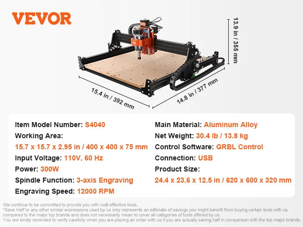 CNC Router Machine, 300W, 3 Axis GRBL Control Wood Engraving Carving Milling Machine Kit, 400 x 400 x 60 mm Working Area