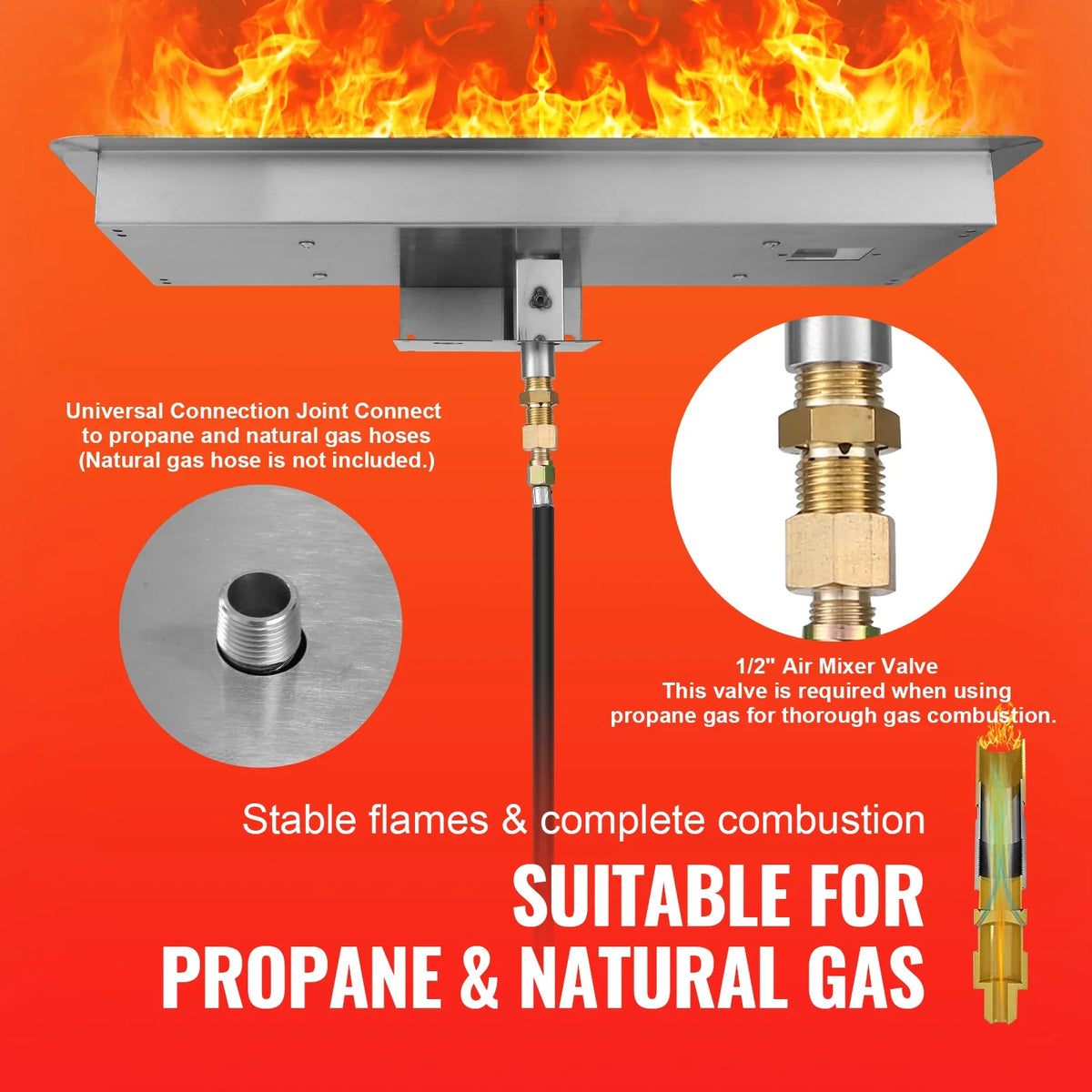 36 x 12 inch Drop-in Fire Pit Pan Rectangular Stainless Steel Fire Pit Burner Natural & Propane Gas Fire Pan 150,000 BTU