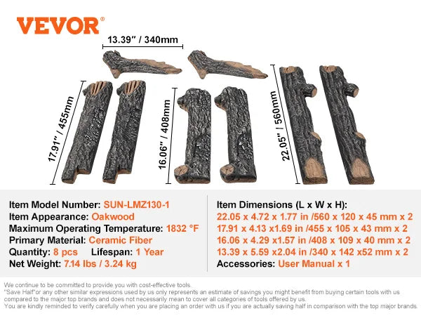 8Pcs Oak Logs Gas Fireplace Ceramic Logs for Fire place Heat-Resistant Wood Log Gas Realistic Logs Stackable Wood Branches
