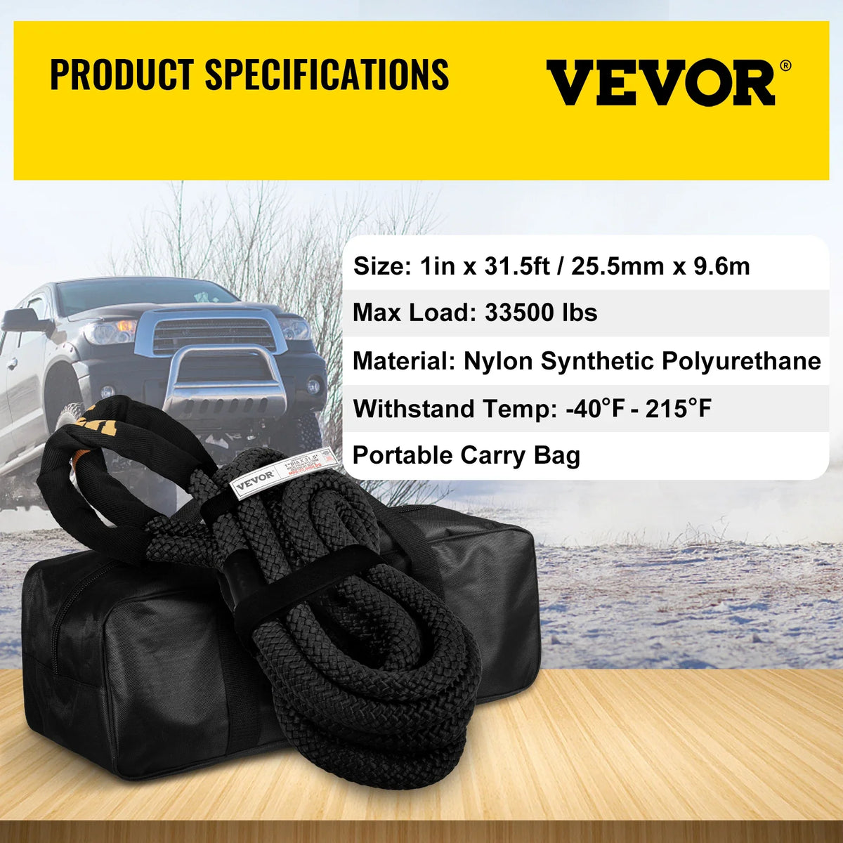 Recovery Tow Rope Heavy Duty Nylon Double Braided Kinetic Energy Rope w/ Loops an and Protective Sleeves for Truck ATV UTV
