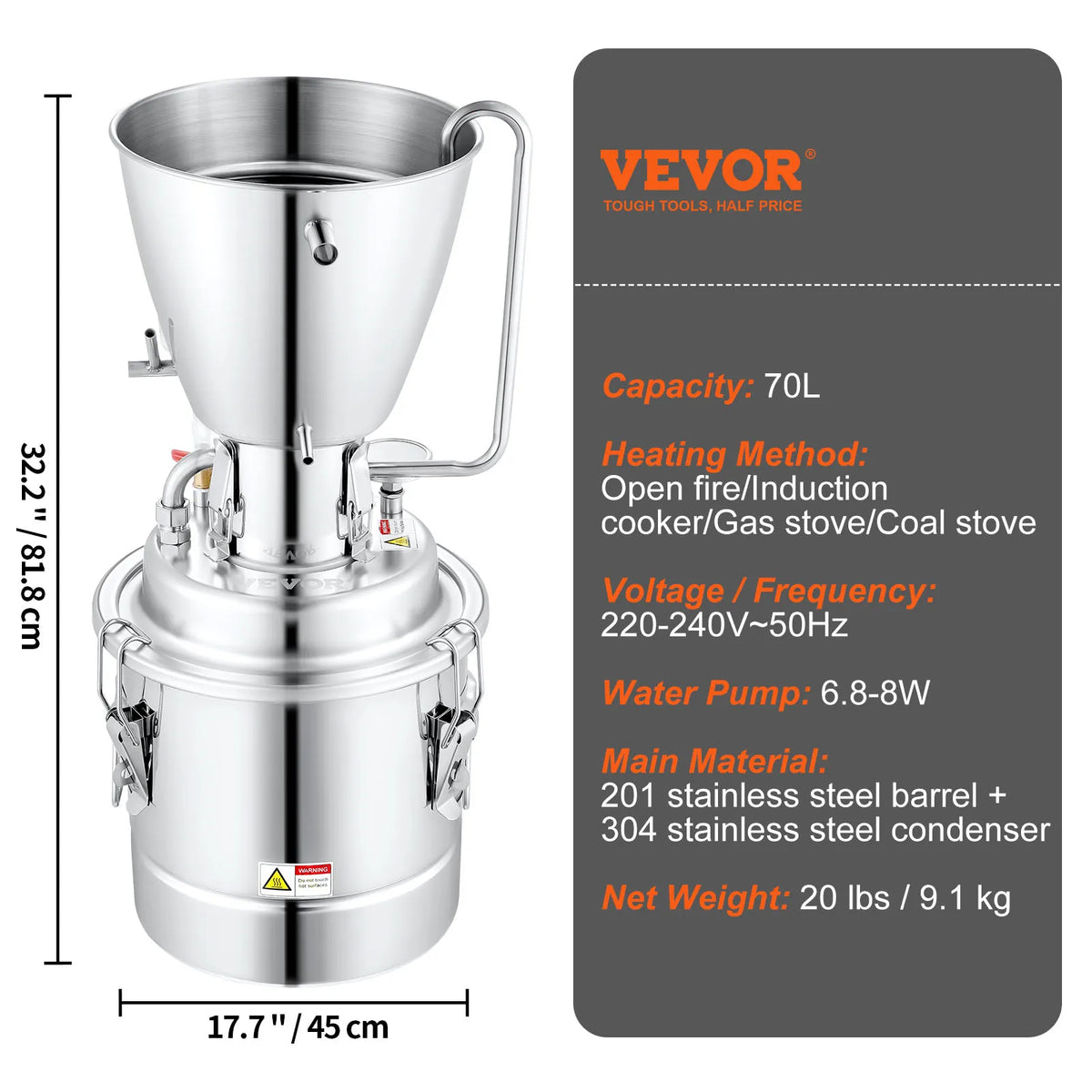 10/30/50/70L Water Alcohol Distiller, Home Distillery Kit With 304 Stainless Steel Tube & Circulating Pump & Exhaust Port