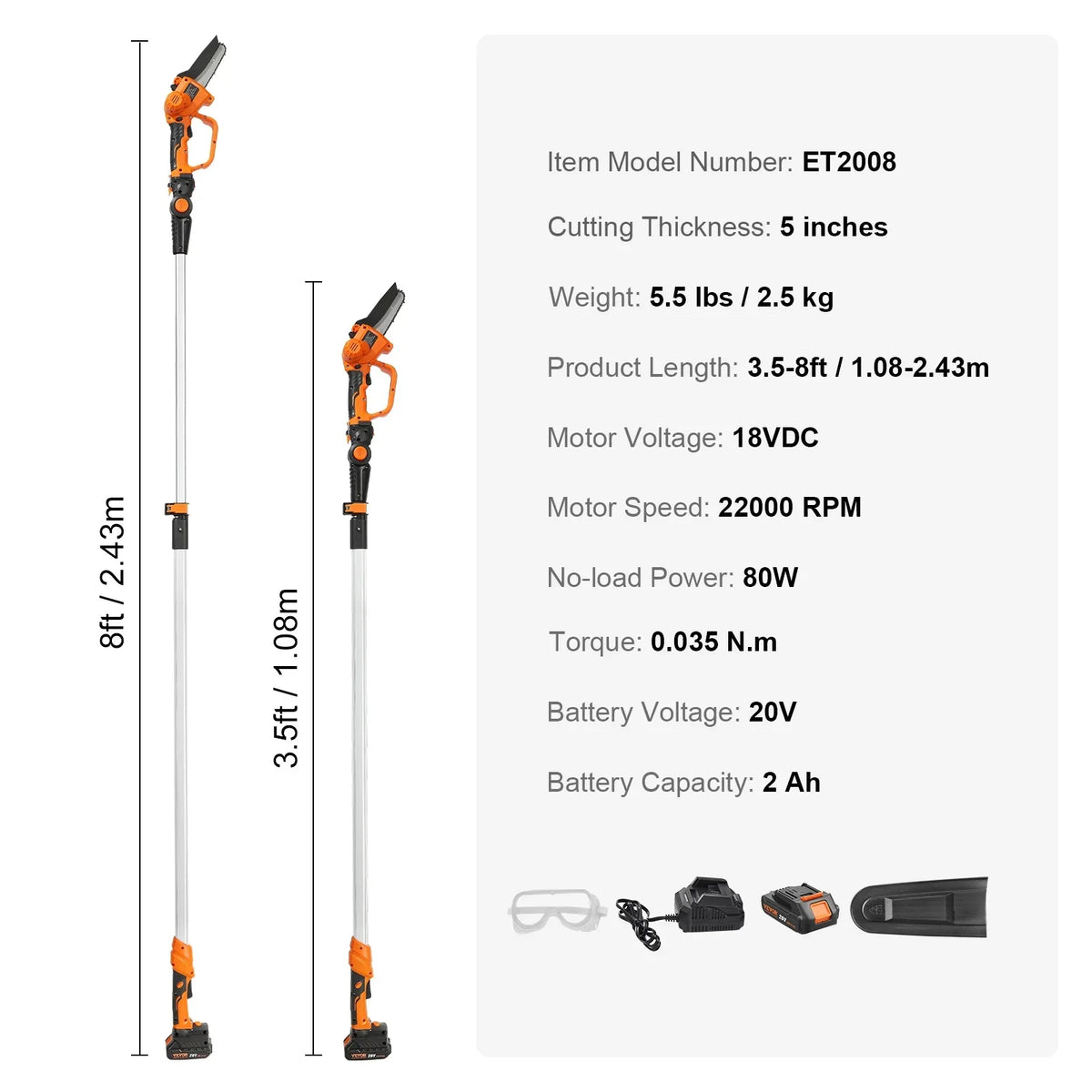2-in-1 Cordless Pole Saw&Mini Chainsaw 20V 2Ah Battery Pole Chainsaw for Branch Cutting&Tree Trimming (Battery Included)