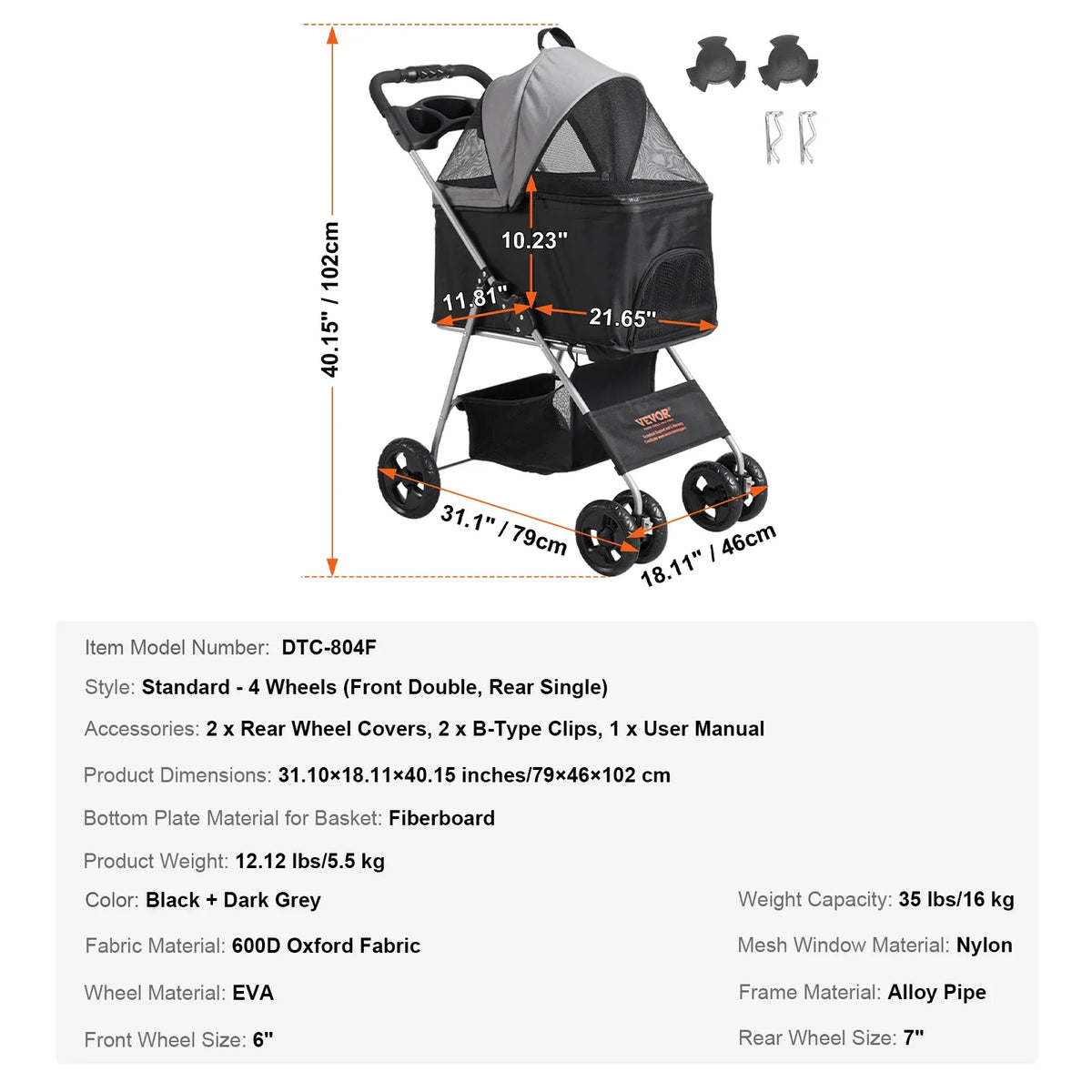 35lbs 4 Wheels Pet Dog Stroller with Brakes Storage Basket Cup Holder Puppy Stroller for Cats Travel Dogs Accessories
