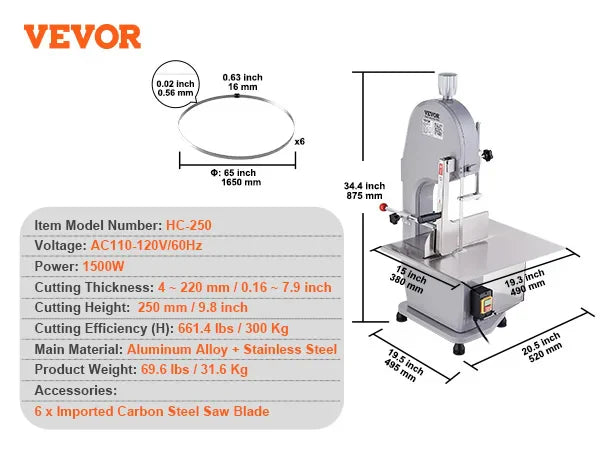 Commercial Electric Meat Bandsaw, 1500W Stainless Steel Countertop Bone Sawing Machine,0.16-7.9 Inch Cutting Thickness