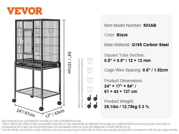 52/54 inch Standing Large Flight Bird Cage Carbon Steel Parakeets Cages with Rolling Stand and Tray for Cockatiels Parrots