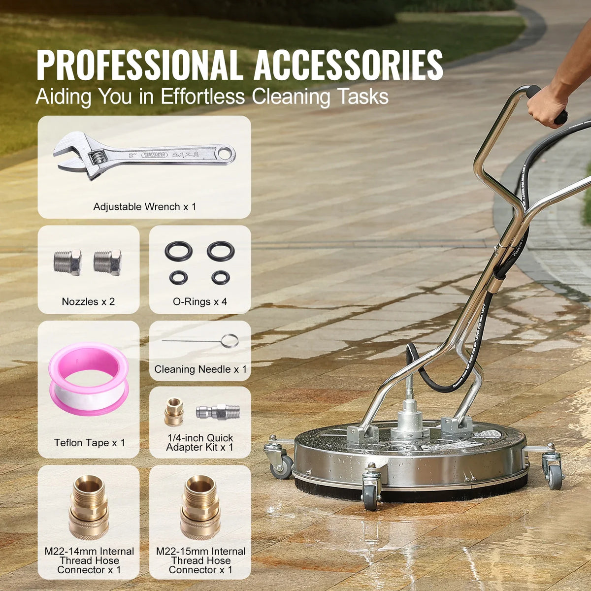 15/18/20/24" Pressure Washer Surface Cleaner w/ Handles & Wheels Stainless Steel Concrete Cleaner 4000 Max PSI for Garden