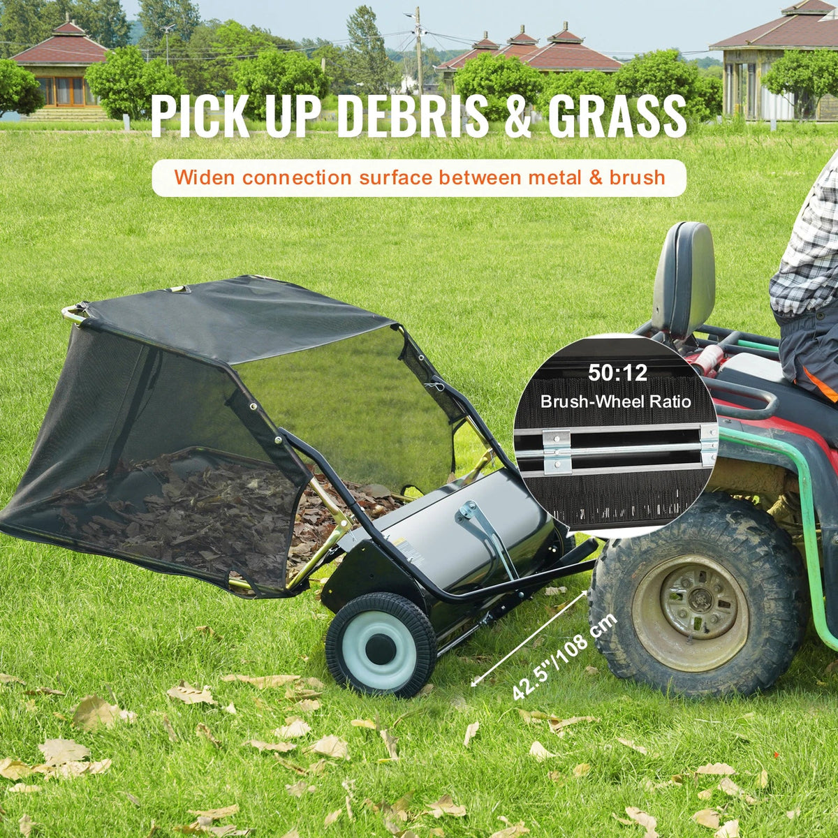 Tow Behind Lawn 21/26/44/50in Sweeper Large Capacity Heavy Duty Leaf & Grass Collector with Adjustable Sweeping for Pick