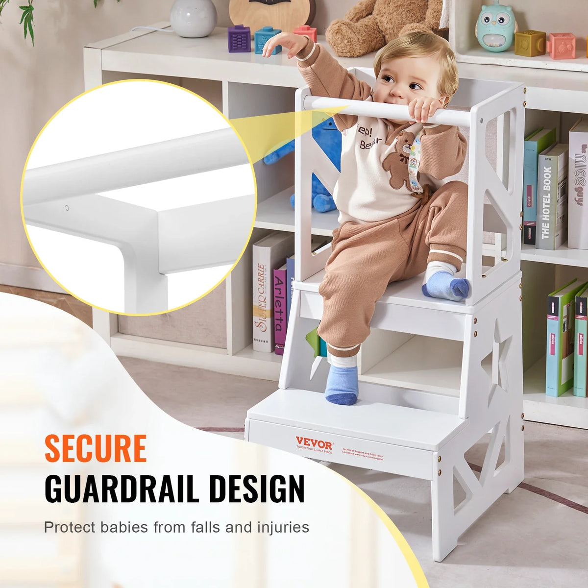 Toddler Step Stool Natural Pine Wood Kids Standing Learning Tool for Bedroom Bathroom Kitchen Counter White/Wood/Gray