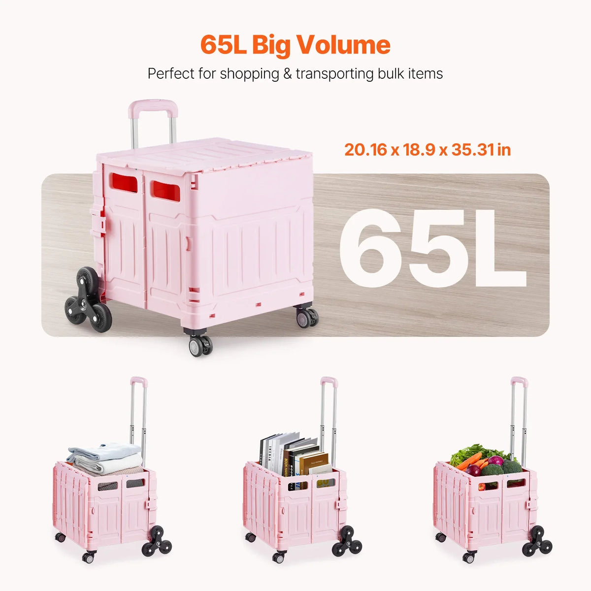 150lbs Stair Climbing Cart 65L Foldable Utility Hand Cart with Wheels Collapsible Crate Rolling Cart for Shopping Office