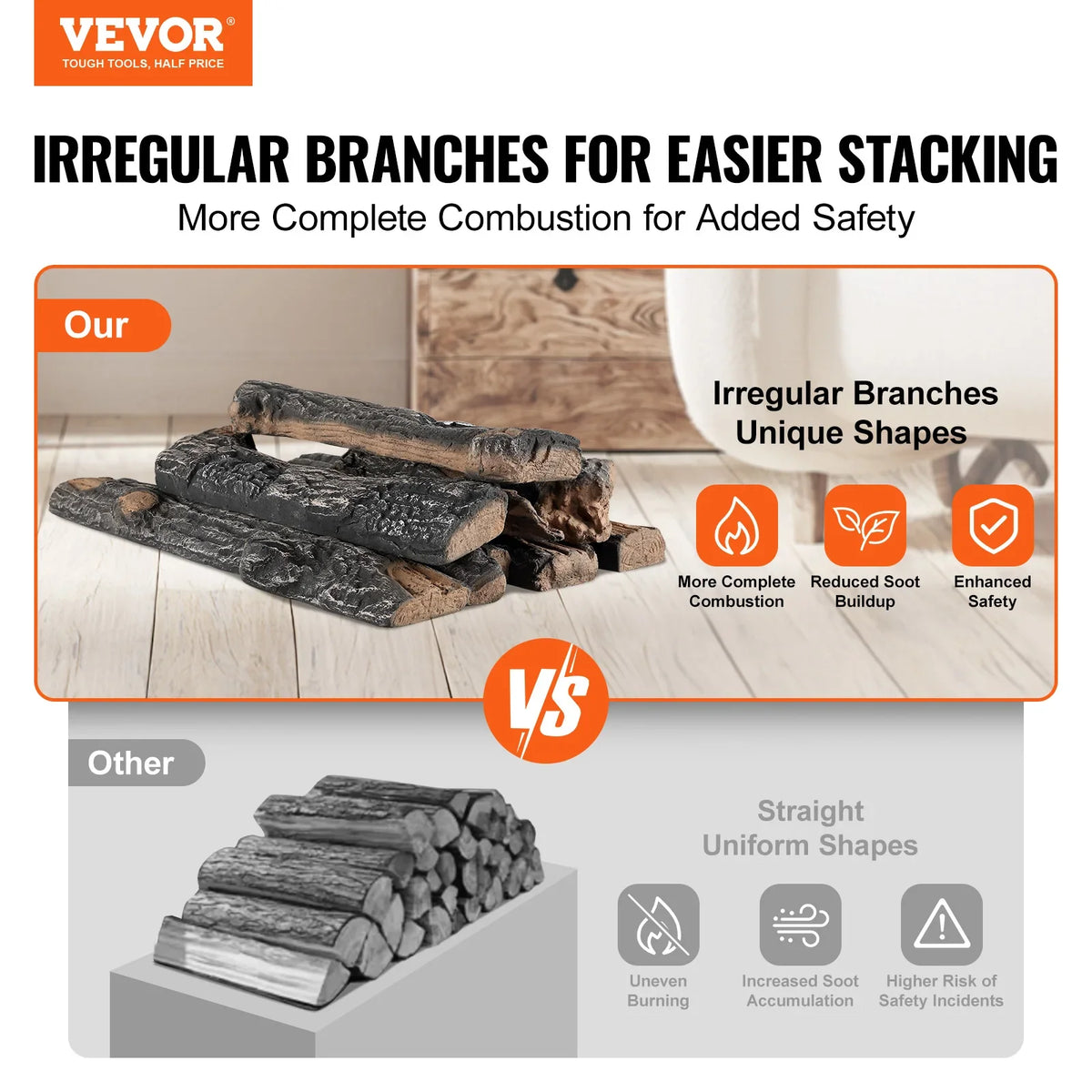 8Pcs Oak Logs Gas Fireplace Ceramic Logs for Fire place Heat-Resistant Wood Log Gas Realistic Logs Stackable Wood Branches