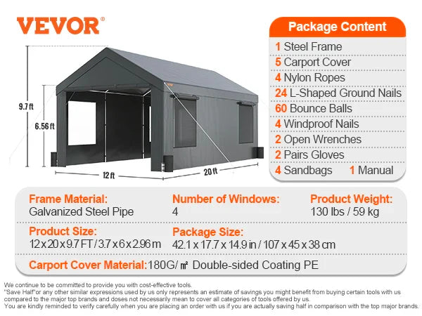 Carport 10x20ft/12x20ft Heavy Duty Car Canopy Waterproof Garage with Roll-up Ventilated Windows & Removable Sidewalls