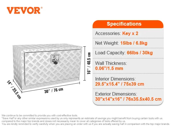 Pickup Storage Box, Heavy Duty Aluminum Diamond Plate Tool Box with Lock and Keys,  for Truck, Van, Trailer