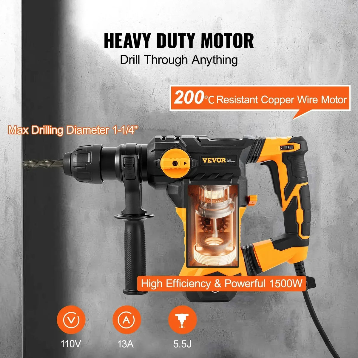 Rotary Hammer Drill  1500W Max Drilling 32mm 4 Modes SDS-Plus Corded Demolition Chipping Metal Concrete Breaker Jackhammer