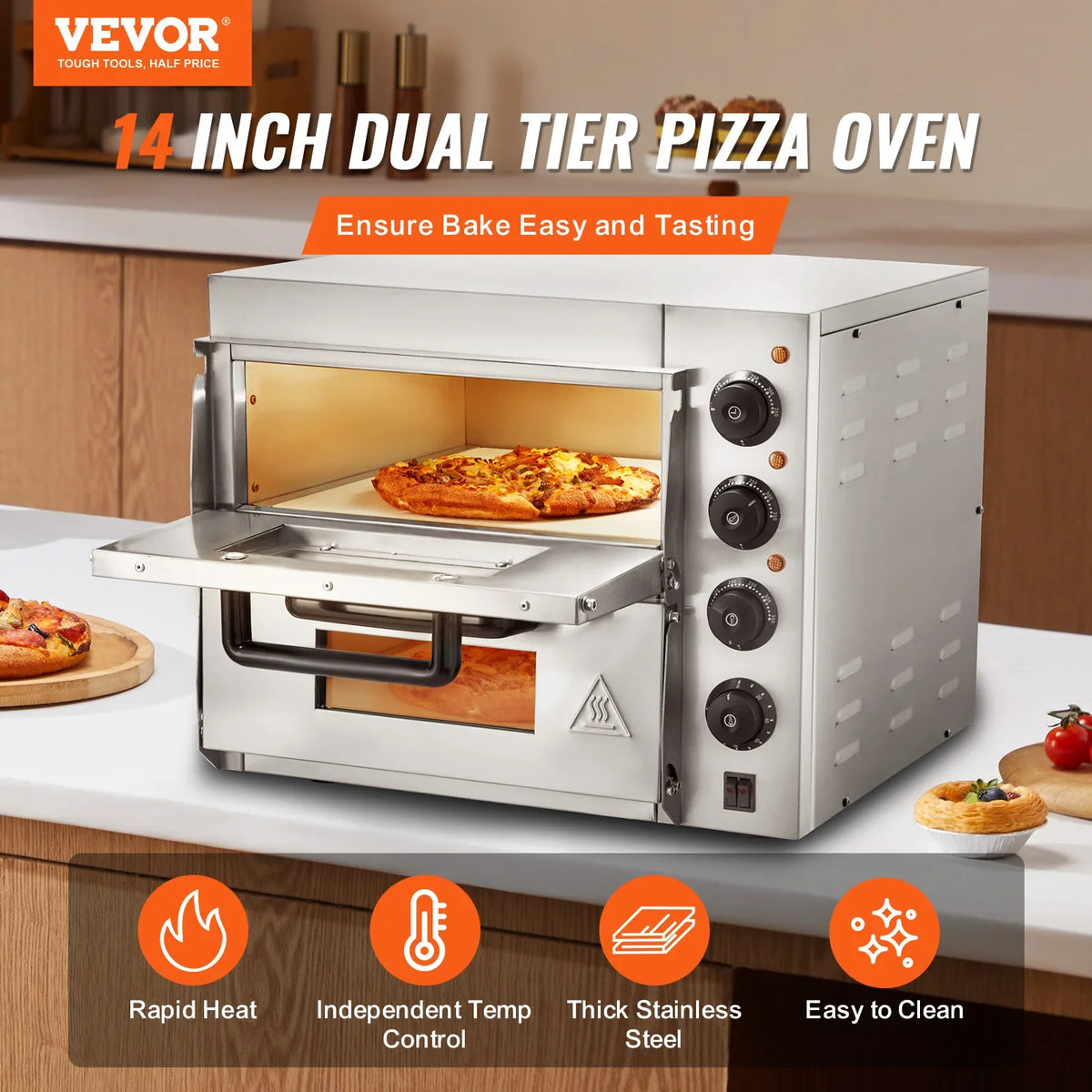 Commercial Pizza Oven Countertop, 14" Double Deck Layer, Stainless Steel Electric Pizza Oven with Stone and Handle