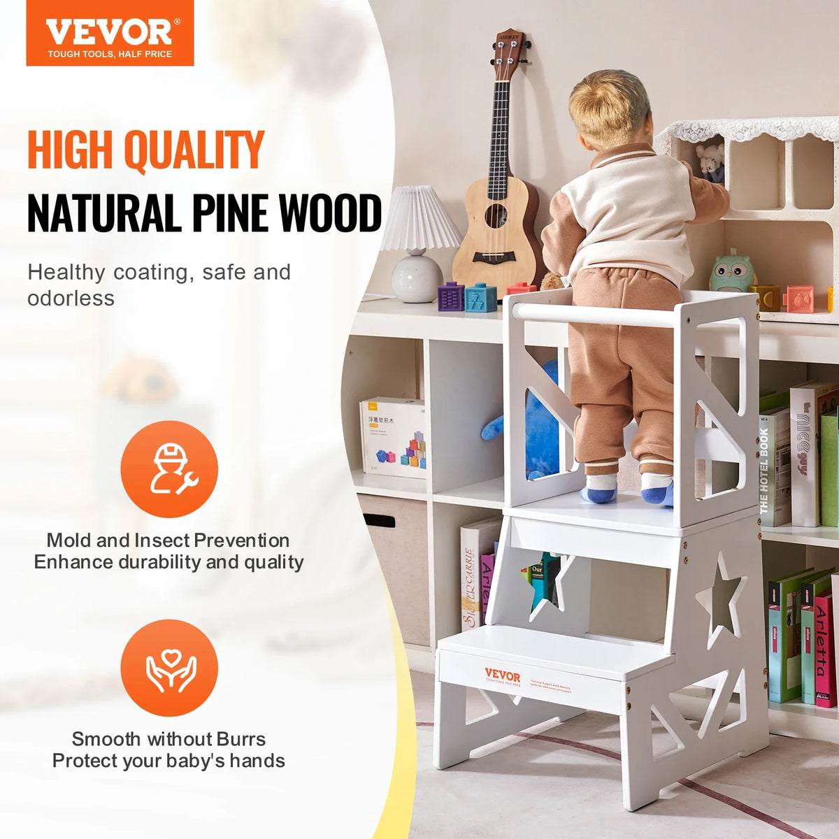 Toddler Step Stool Natural Pine Wood Kids Standing Learning Tool for Bedroom Bathroom Kitchen Counter White/Wood/Gray