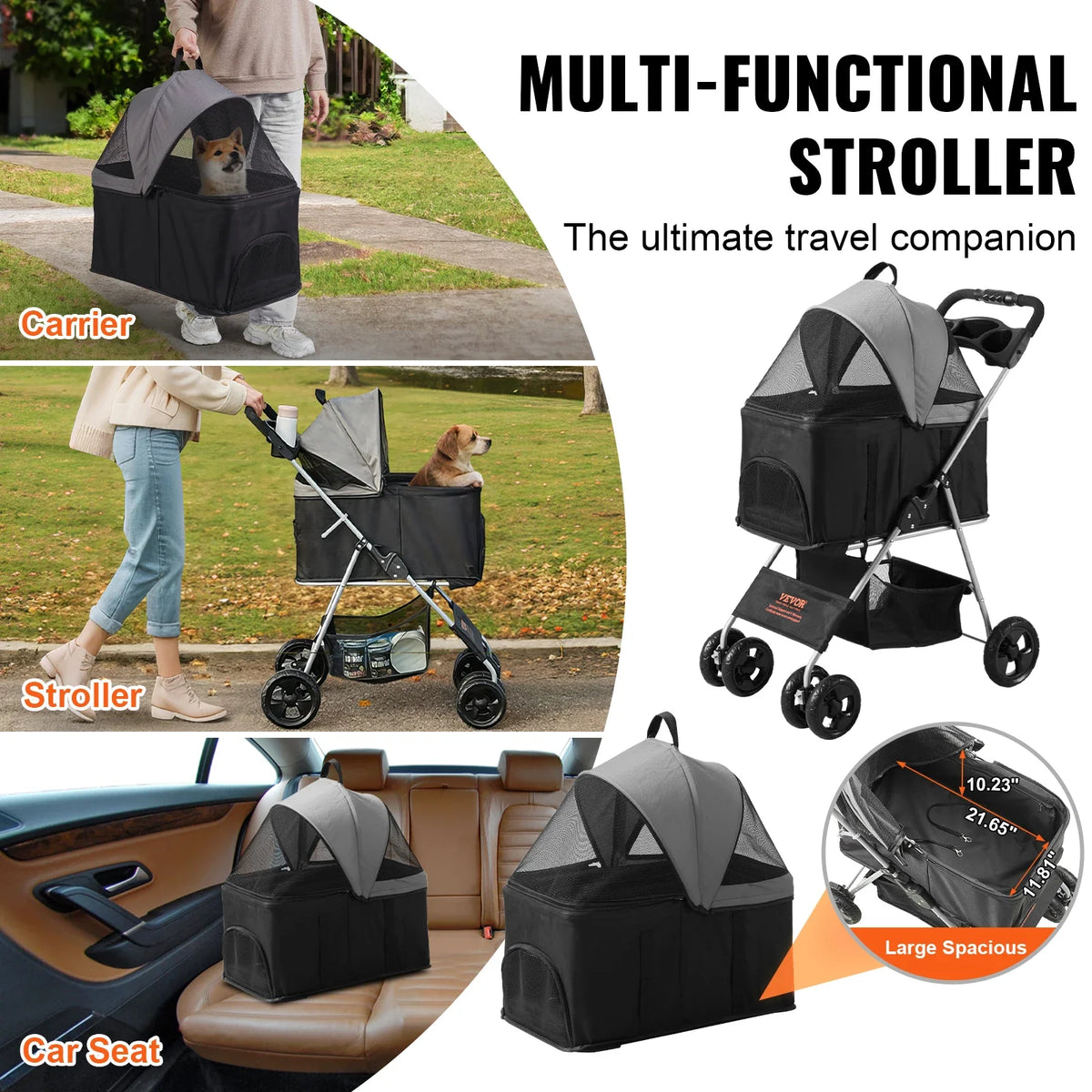 35lbs 4 Wheels Pet Dog Stroller with Brakes Storage Basket Cup Holder Puppy Stroller for Cats Travel Dogs Accessories