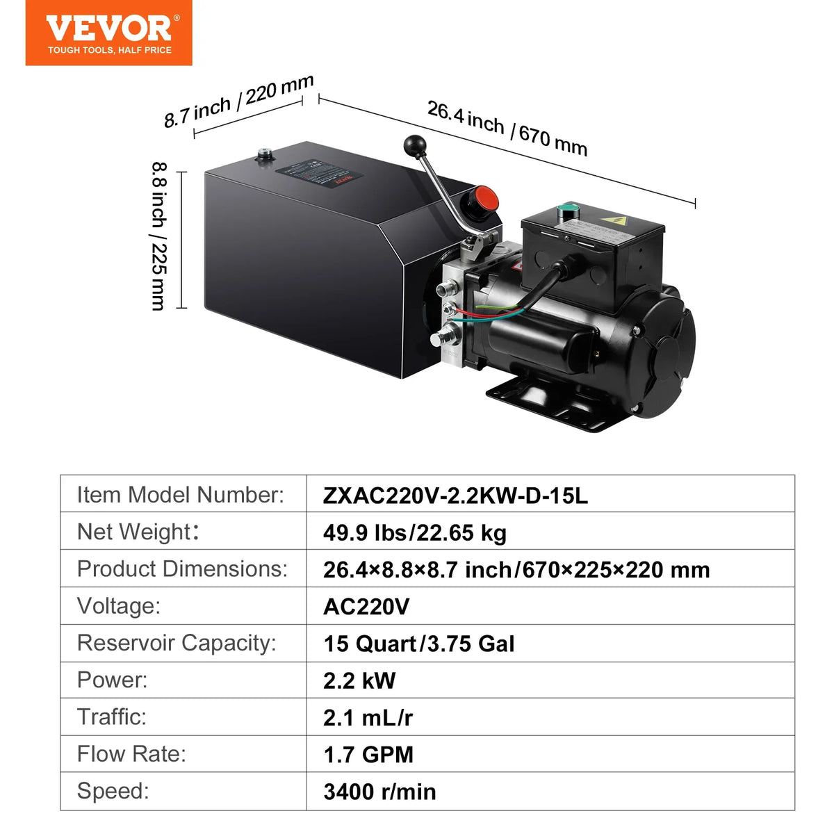 Hydraulic Pump AC 220V Single-Acting 1.7 GPM Flow Rate 3200 PSI Max Relief Pressure for Dump Trailer Car Lifting