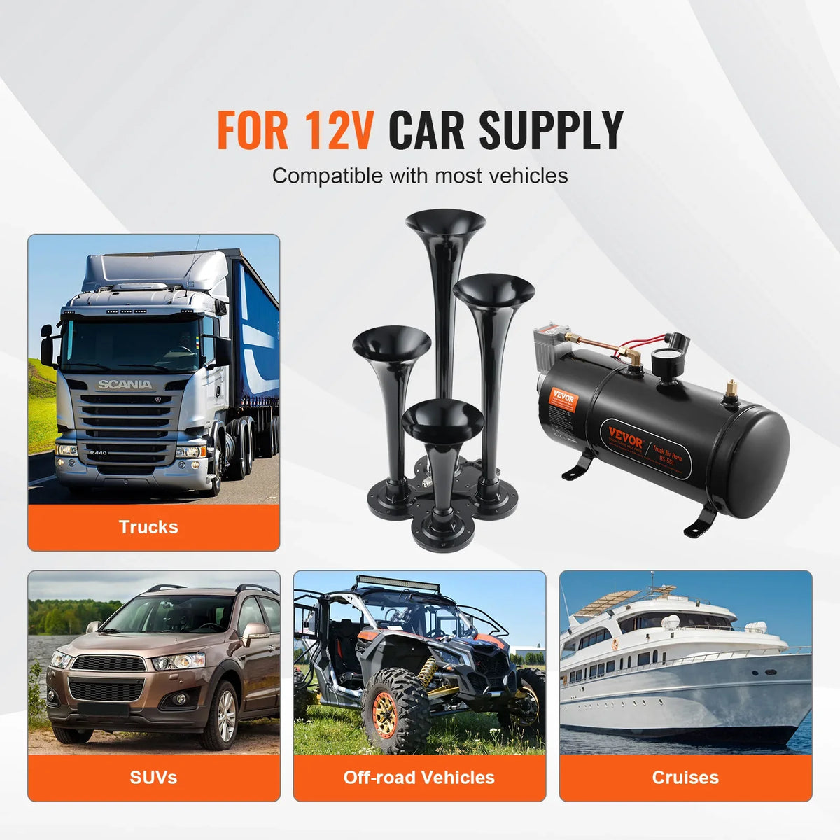 Train Horns Kit, 4 Trumpet Air Horn Kit, 150dB Train Horns for Pickup Trucks, 12V 120 psi Air Compressor 3 L Tank w/Gauge