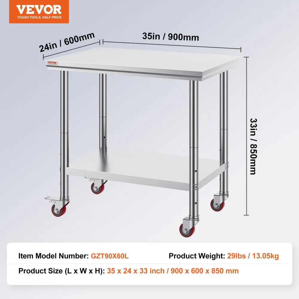 Stainless Steel Work Table 700 LBS Load Capacity with 4 Wheels Heavy Duty Food Prep Worktable