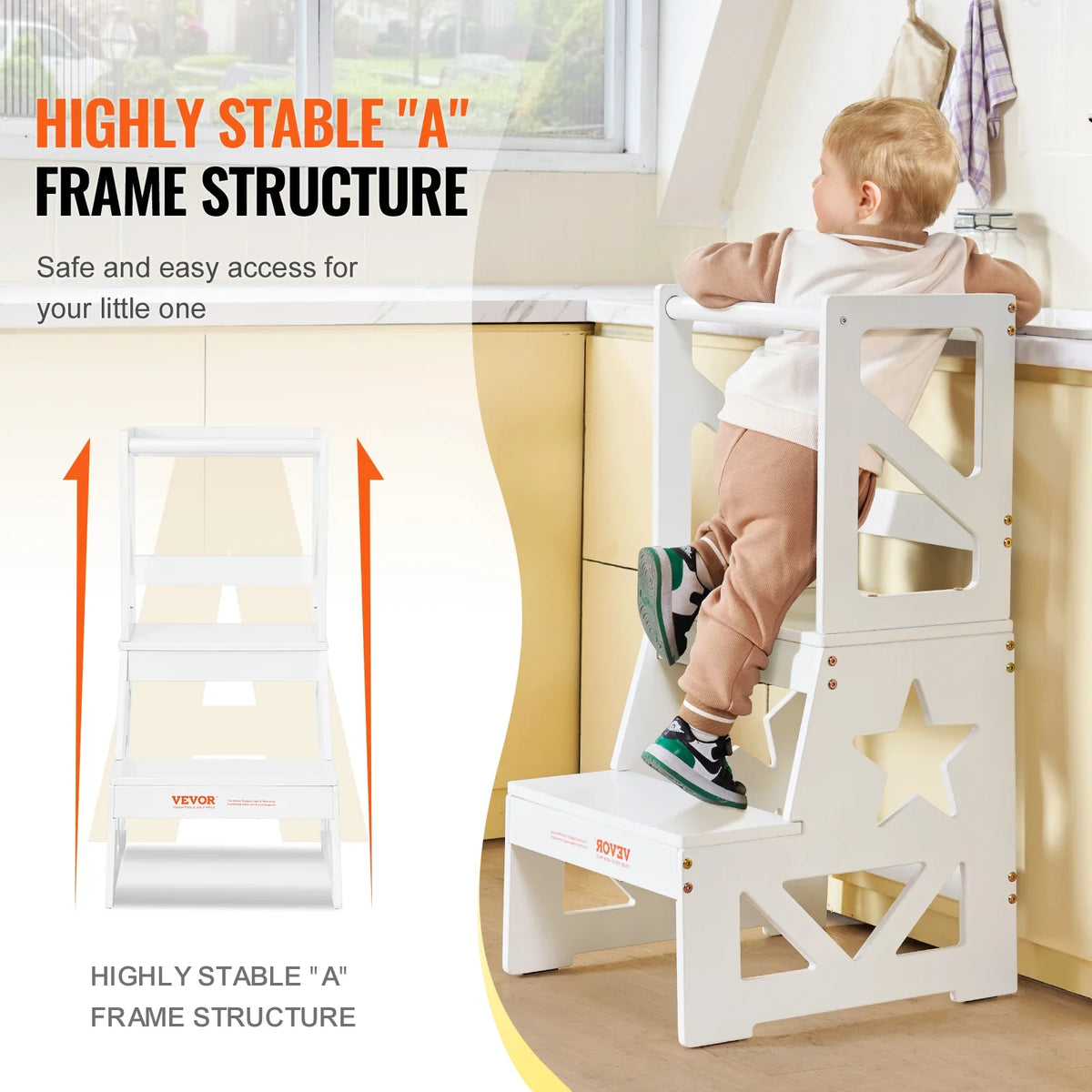 Toddler Step Stool Natural Pine Wood Kids Standing Learning Tool for Bedroom Bathroom Kitchen Counter White/Wood/Gray