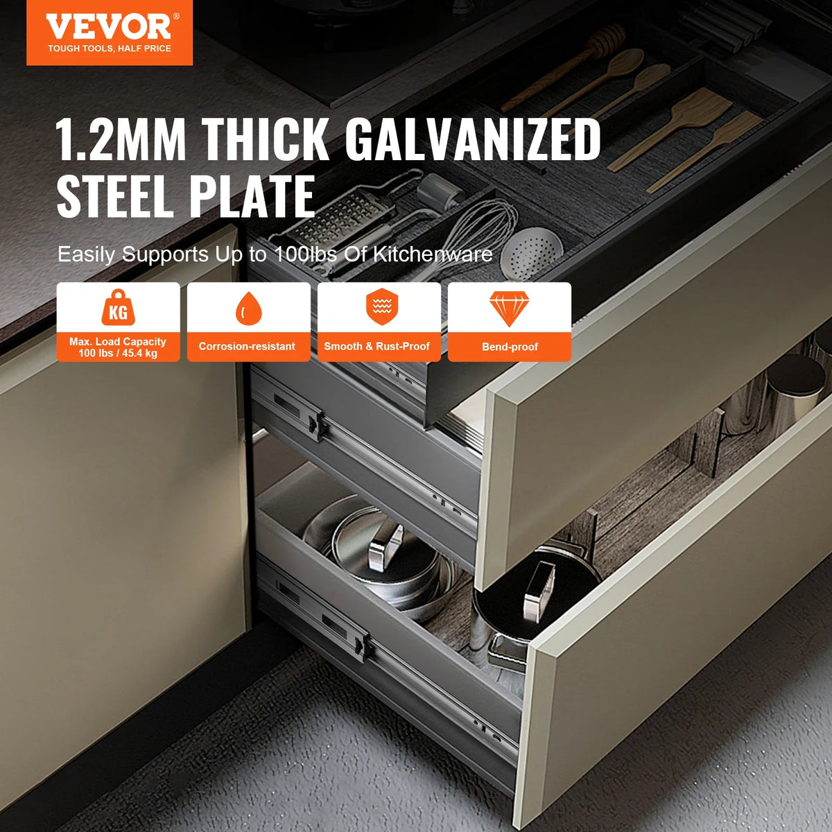 Drawer Slides Side Mount Rails Heavy Duty Full Extension Steel Track Noiseless Guide Glides Cabinet 100 Lbs Load Capacity