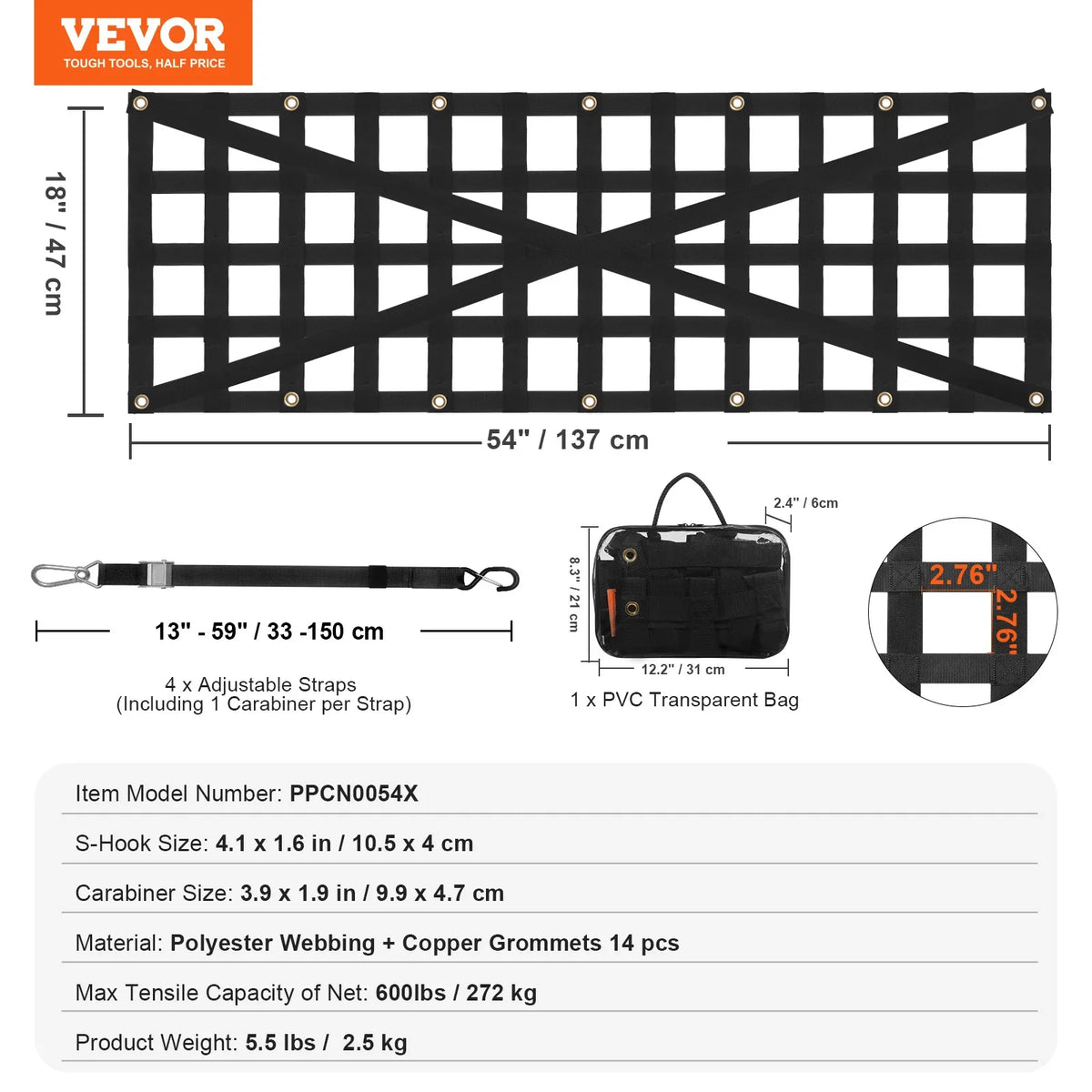 Universal Car Rear Trunk Net Mesh Elastic Tailgate Net with 4 Telescopic Straps Cargo Storage Organizer for Pickup Trailer
