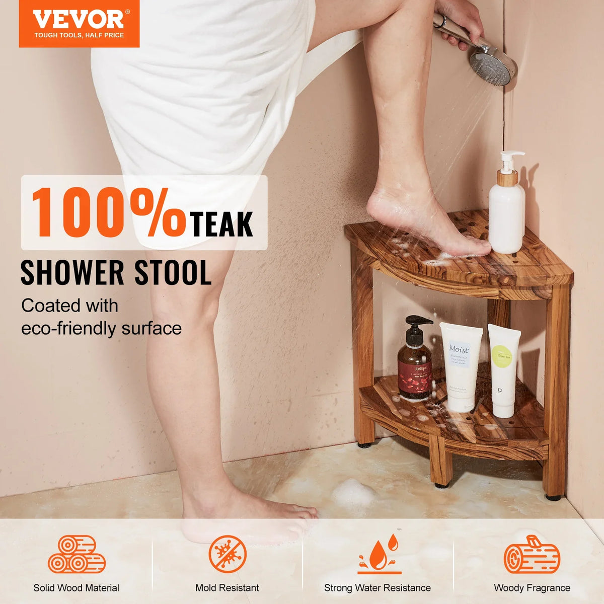 Corner Teak Shower Bench 100% Teak Wood Corner Shower Beach Mold resistant Shower Stool for Inside Outside Shower Bathroom