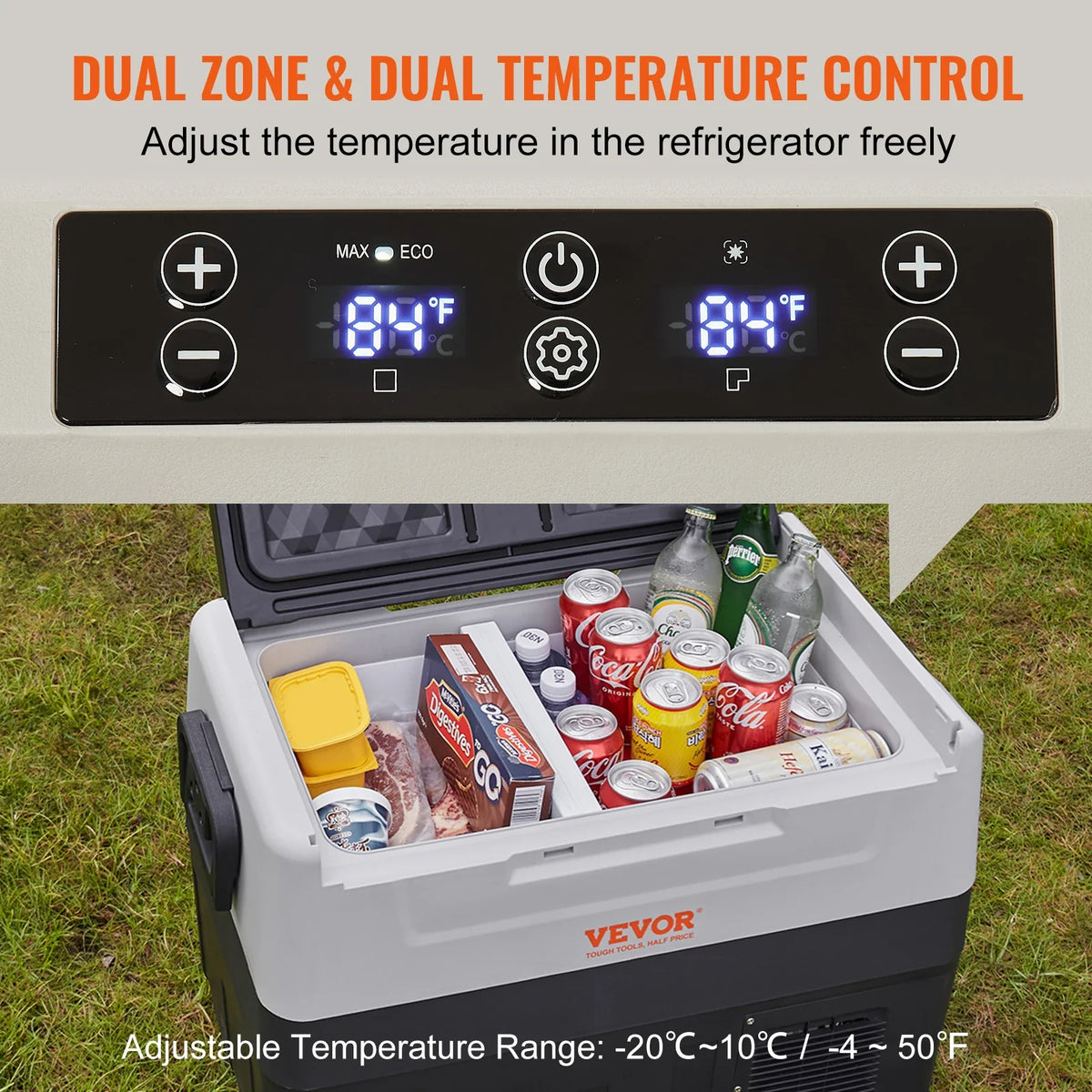 Car Refrigerator, 35 L Dual Zone Portable Freezer, -4℉-50℉ Adjustable Range, 12/24V DC and 100-240V AC Compressor Cooler