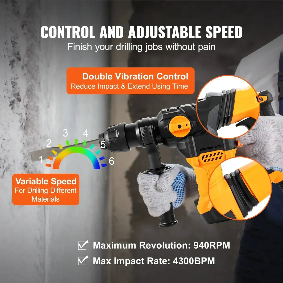 Rotary Hammer Drill  1500W Max Drilling 32mm 4 Modes SDS-Plus Corded Demolition Chipping Metal Concrete Breaker Jackhammer