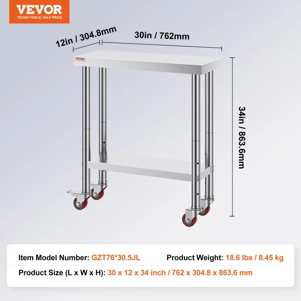 Stainless Steel Work Table 700 LBS Load Capacity with 4 Wheels Heavy Duty Food Prep Worktable