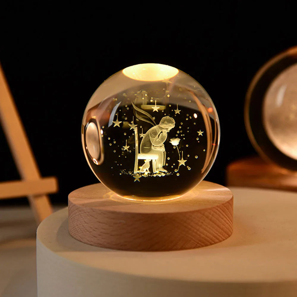 Luminous Crystal Ball LED Night Light Saturn Solar System 3D Moon Table Lamp USB Bedroom Atmosphere Lamp for Birthday Kid Gift