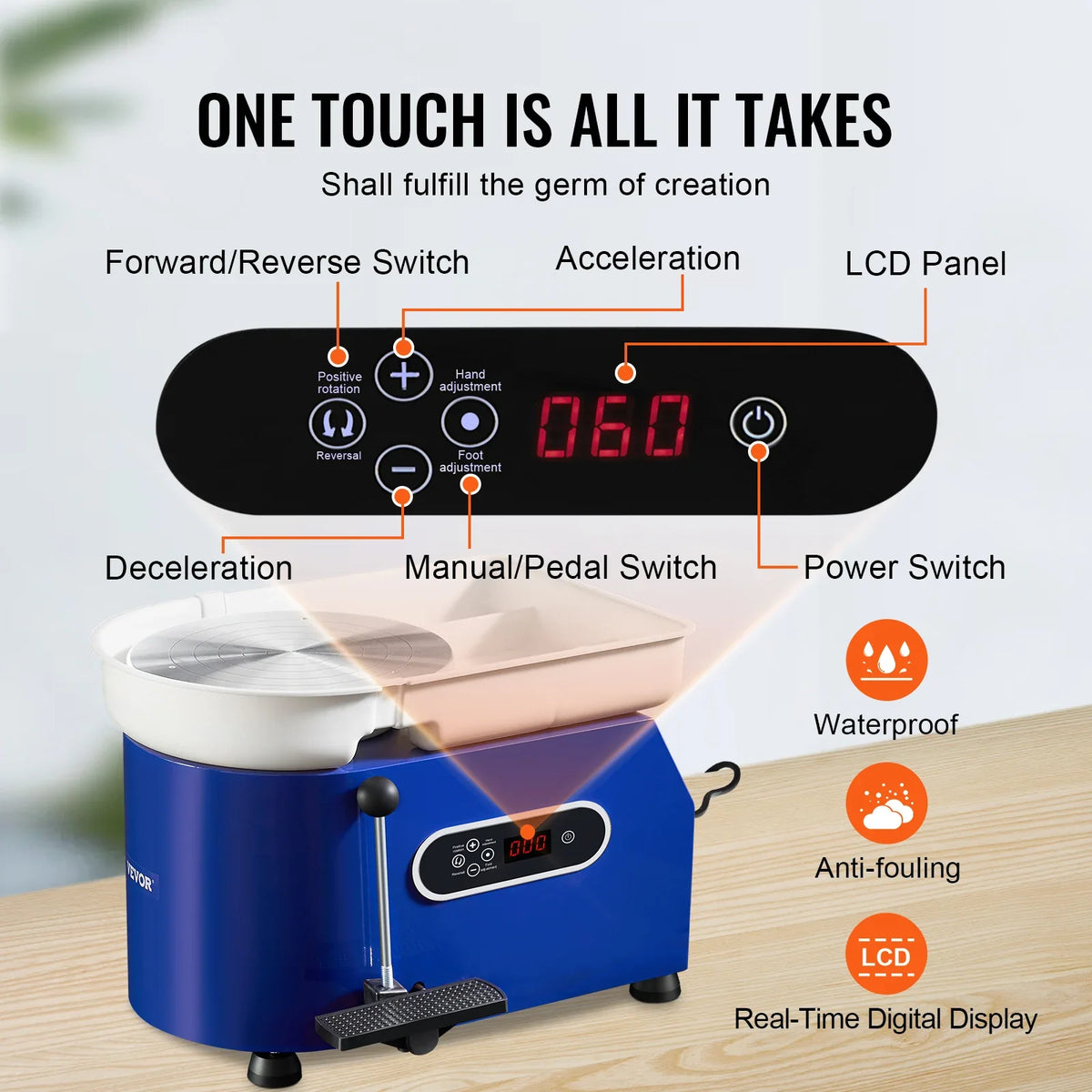 11in Pottery Wheel Ceramic Forming Machine Adjustable 60-300RPM Speed Handle and Foot Pedal Control ABS Detachable Basin