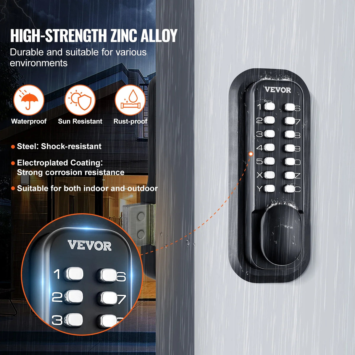 Mechanical Keyless Entry Door Lock 14 Digit Keypad Surface-mounted Latch