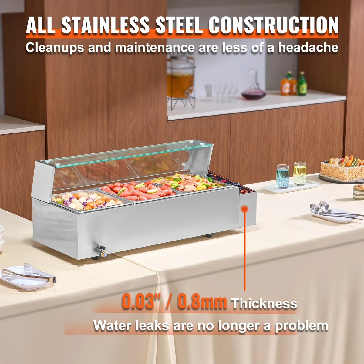 3-Pan Commercial Food Warmer,3 x 8QT Electric Steam Table w/Glass Cover,1500W Countertop Stainless Steel Buffet Bain Marie