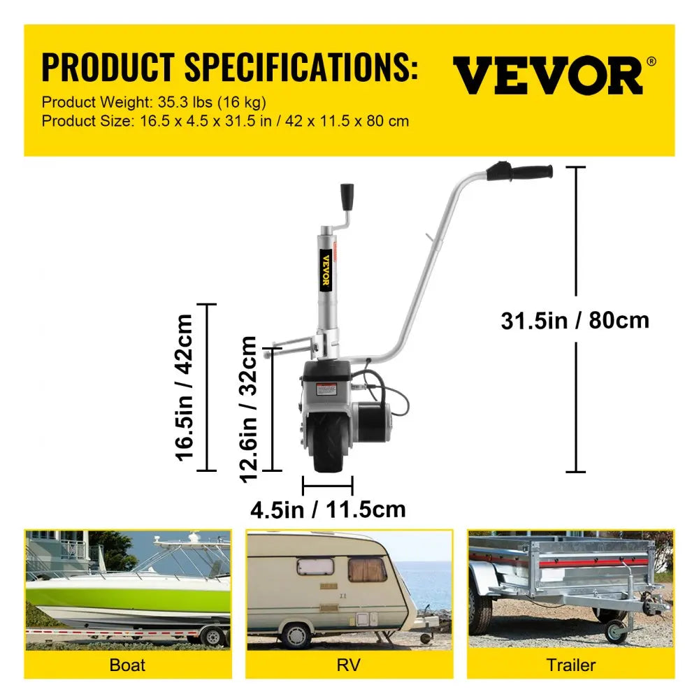 350W12V Trailer Mover 5000lbs Electric Motorised Jockey Wheels Jack Dolly Boat Automatic Rubber Wheel Trailer Jockey Wheel