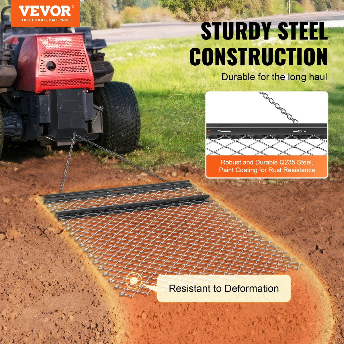 Drag Harrow 4' x 5' ATV Chain Harrow Q235 Steel UTV Tractor Attachments Field Drag Mat for Landscape Leveling or Prepping