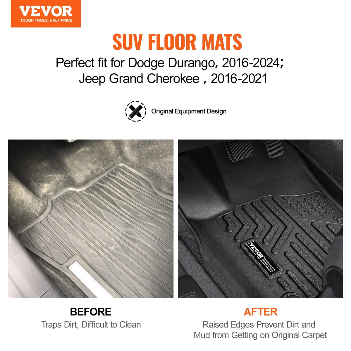 Automotive Floor Mats, Fits for Dodge Durango / Jeep Grand Cherokee 2016-2024 / 2016-2021, 3 pcs Front and 2nd Row Liners