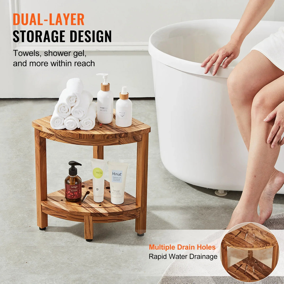 Corner Teak Shower Bench 100% Teak Wood Corner Shower Beach Mold resistant Shower Stool for Inside Outside Shower Bathroom