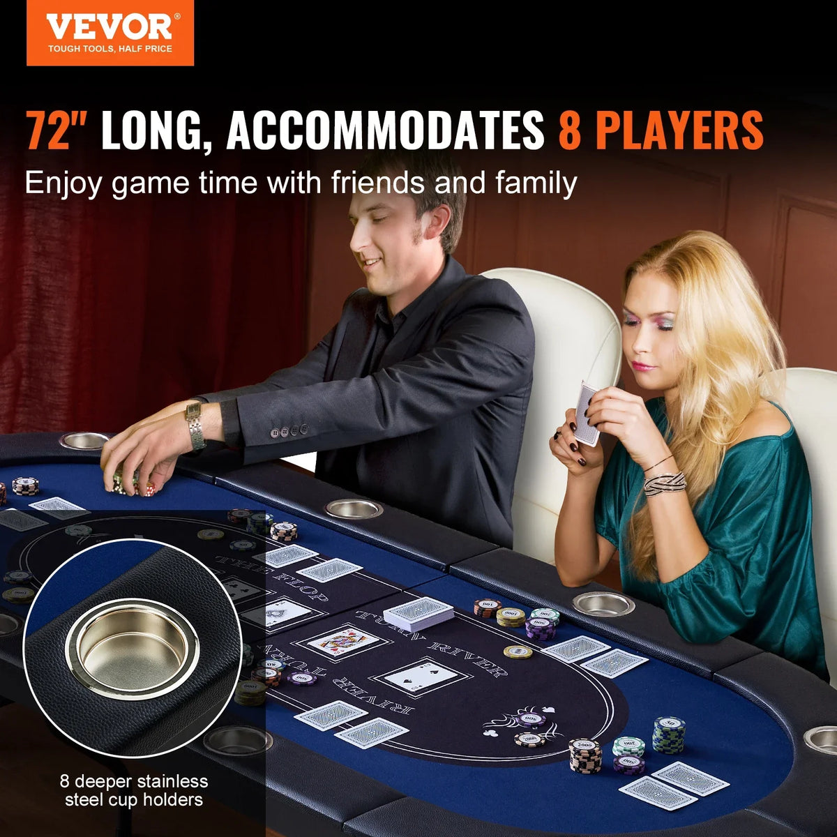 8 Player Foldable Poker Table Blackjack Texas Holdem with Padded Rails and Stainless Steel Cup Holders Blue for Party Game