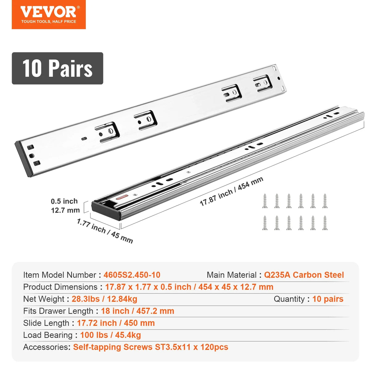 Drawer Slides Side Mount Rails Heavy Duty Full Extension Steel Track Noiseless Guide Glides Cabinet 100 Lbs Load Capacity