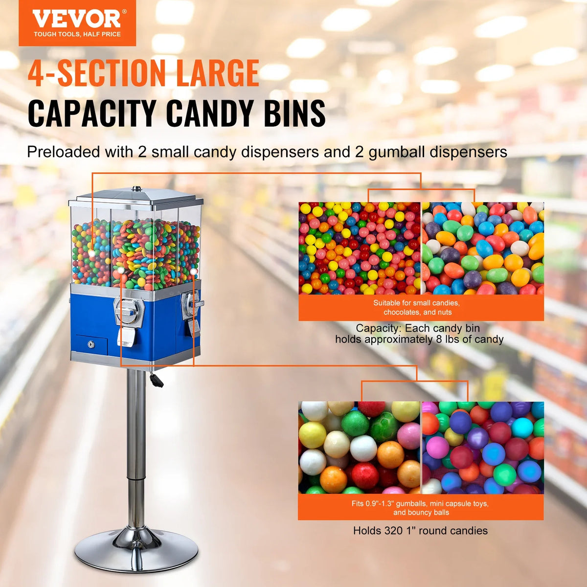 Commercial Candy Vending Machine Four Compartment Rotatable 25 Cent Coin For Toy Capsules Bouncy Balls Nut with Stand